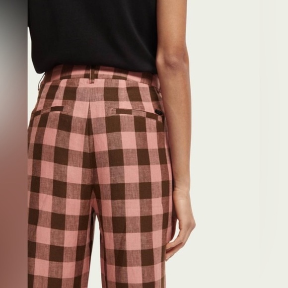 Scotch & Soda Edie Brown Pink Checked Pleated Front Linen Trousers Pants - Picture 3 of 3